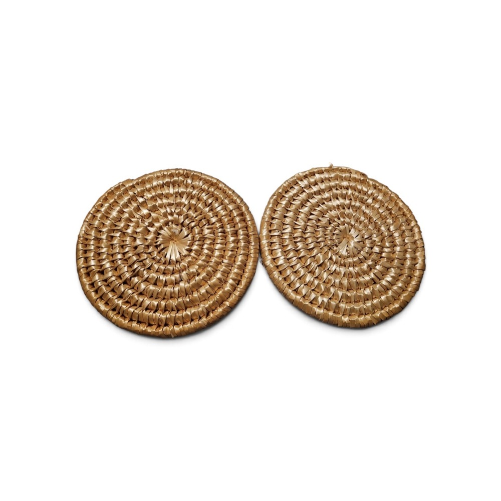 Vintage 2pc Handwoven  Coasters Natural Tan Round Braided Wicker Boho Decor 0426